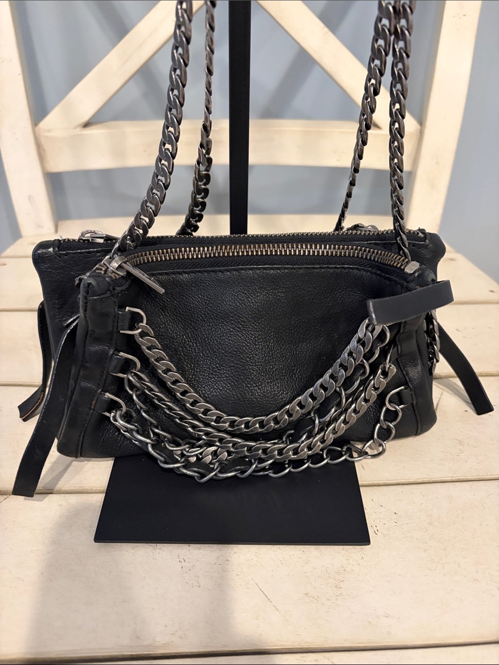 Ash Domino Leather Chain-Accent Shoulder Crossbody Bag in Black